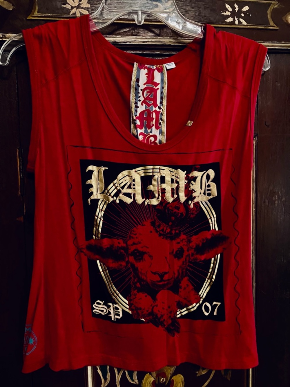 L.A.M.B. Gwen Stefani Red Tank Top with Gold & Black Lamb Accent